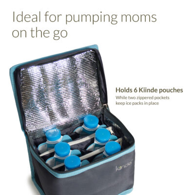 Ideal for pumping moms on the go. Holds 6 Kiinde pouches while 2 zippered pockets keep ice packs in place