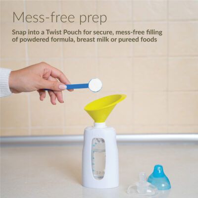 Mess-free prep. Snap into a Twist Pouch for secure, mess-free filling of powdered formula, breast milk or pureed foods