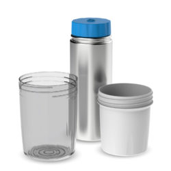 Stainless steel water bottle with blue cap & 2 warming cups