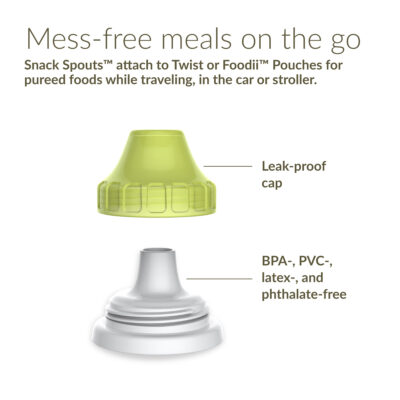 Mess-free meals on the go. Snack Spouts™ attach to Twist or Foodii™ Pouches for pureed foods while traveling, in the car or stroller.