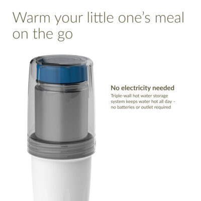 Warm your little one's meal on the go. No electricity needed. Triple-wall, hot water storage system keeps water hot all day – no batteries or outlet required