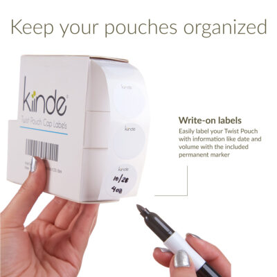 Keep your pouches organized. Write-on labels. Easily label your Twist pouch with information like date and volume with the included permanent marker