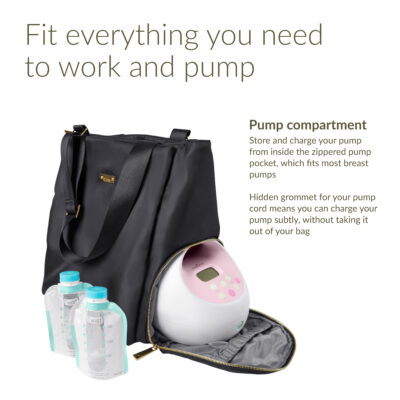 Fit everything you need to work and pump. Pump compartment: Store and charge your pump from inside the zippered pump pocket, which fits most breast pumps. Hidden grommet for your pump cord means you can charge your pump subtly, without taking it out of your bag