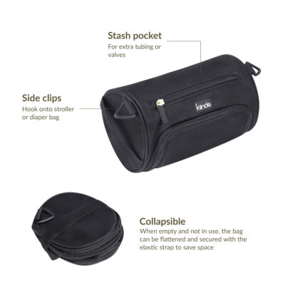Stash pocket for extra tubing or valves. Side clips hook onto stroller or diaper bag. Collapsible - When empty and not in use, the bag can be flattened and secured with the elastic strap to save space