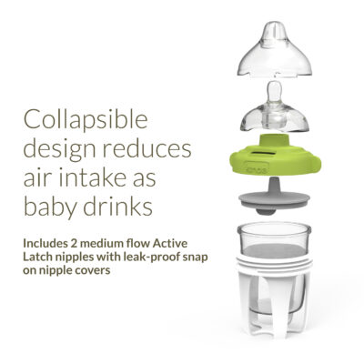 Collapsible design reduces air intake as baby drinks. Includes 2 medium flow Active Latch nipples with leak-proof snap on nipple covers