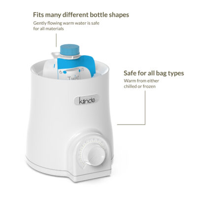 Fits many different bottle shapes. Gently flowing warm water is safe for all materials. Safe for all bag types. Warm from either chilled or frozen