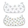 2 in 1 non slip burp coth and bib on white background. Top bib has a grey bunny pattern. Bottom bib has colorful vegetables pattern.