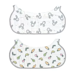 2 in 1 non slip burp coth and bib on white background. Top bib has a grey bunny pattern. Bottom bib has colorful vegetables pattern.