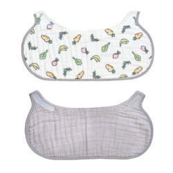Front view of bib in veggie pattern and solid grey