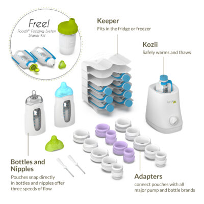 Keeper fits in the fridge or freezer. Kozii safely warms and thaws. Bottles and nipples - pouches snap directly in bottles and nipples offer three speeds of flow. Adapters connect pouches with all major pump and bottle brands. Includes FREE Foodii Starter Kit