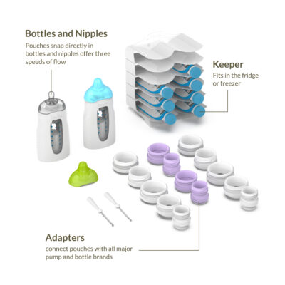 Bottles and nipples - pouches snap directly in bottles and nipples offer three speeds of flow. Keeper fits in the fridge or freezer. Kozii safely warms and thaws. Adapters connect pouches with all major pump and bottle brands.