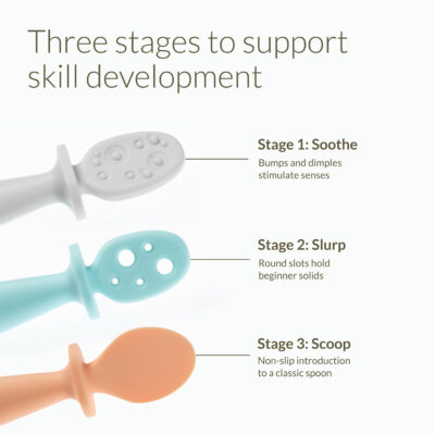 Three stages to support skill development. Stage 1: Soothe - Bumps and dimples stimulate senses. Stage 2: Slurp - Round slots hold beginner solids. Stage 3: Scoop - Non-slip introduction to a classic spoon
