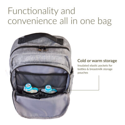 Functionality and convenience all in one bag. Cold or warm storage - insulated elastic pockets for bottles & breastmilk storage bags