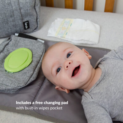Includes a free changing pad with built-in wipes pocket