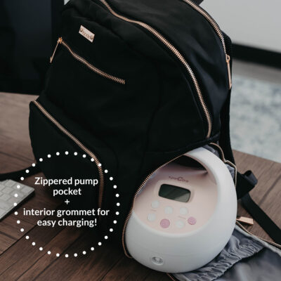 Zippered pump pocket + interior grommet for easy charging!