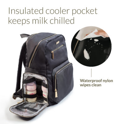 Insulated cooler pocket keeps milk chilled. Water proof nylon wipes clean