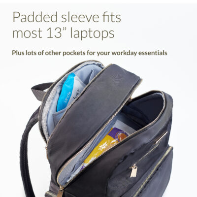 Padded sleeve fits most 13" laptops. Plus lots of other pockets for your workday essentials
